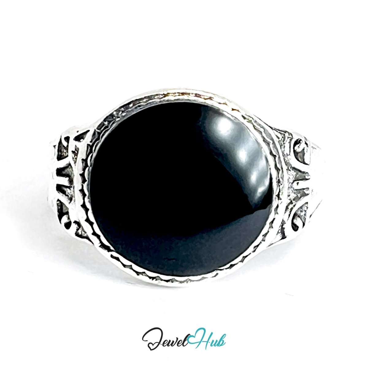 Zinc Alloy Silver‑Plated Punk Ring – Dark Sphere Mystic Signet - JewelHub.co.uk