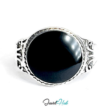 Zinc Alloy Silver‑Plated Punk Ring – Dark Sphere Mystic Signet - JewelHub.co.uk