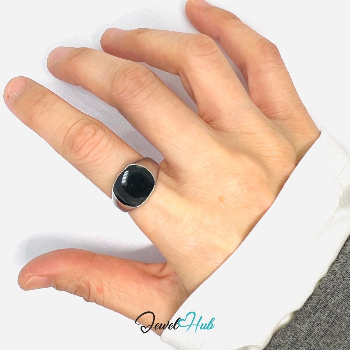 Zinc Alloy Silver‑Plated Punk Ring – Domed Black Stone Signet - JewelHub.co.uk