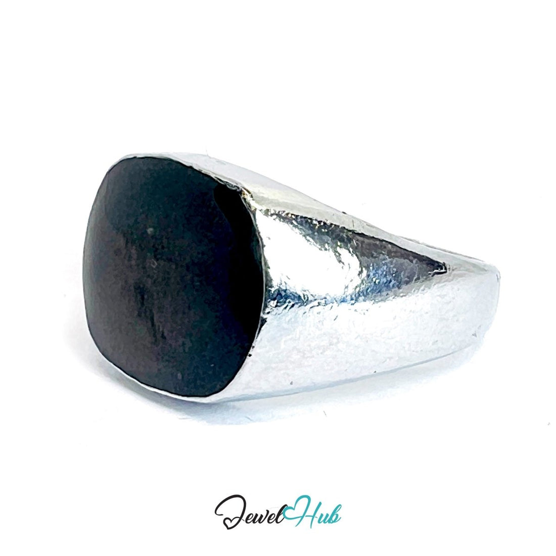 Zinc Alloy Silver‑Plated Punk Ring – Domed Black Stone Signet - JewelHub.co.uk