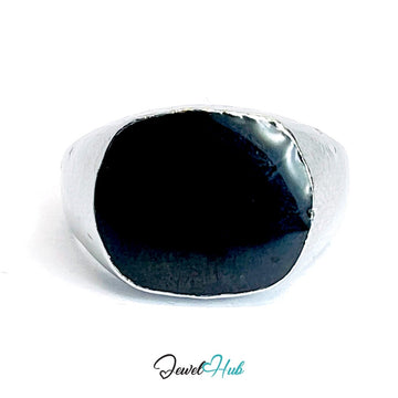 Zinc Alloy Silver‑Plated Punk Ring – Domed Black Stone Signet - JewelHub.co.uk