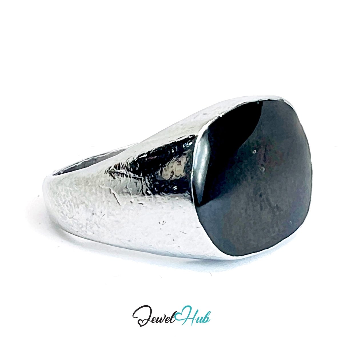 Zinc Alloy Silver‑Plated Punk Ring – Domed Black Stone Signet - JewelHub.co.uk