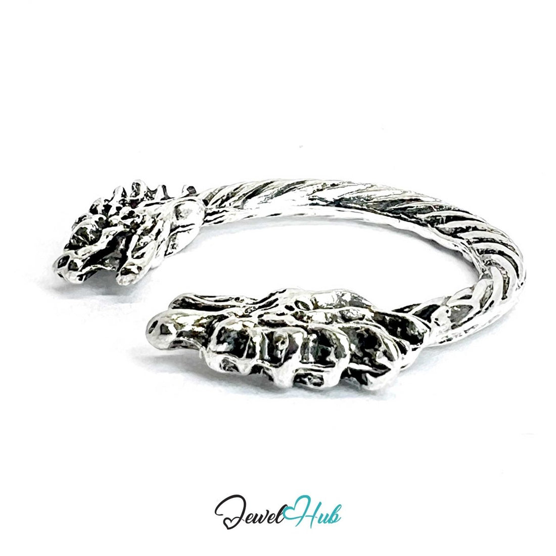 Zinc Alloy Silver‑Plated Punk Ring – Double Dragon Claw Open Band - JewelHub.co.uk