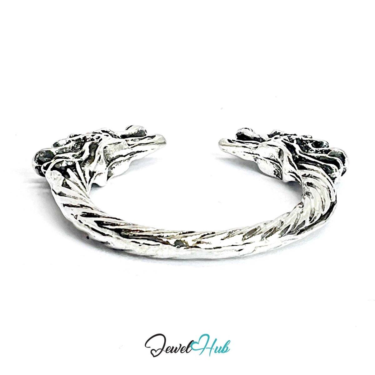 Zinc Alloy Silver‑Plated Punk Ring – Double Dragon Claw Open Band - JewelHub.co.uk