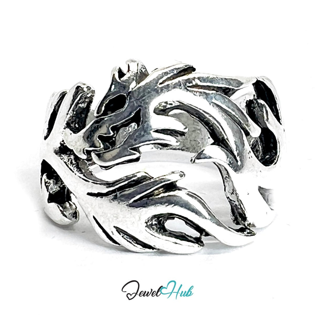 Zinc Alloy Silver‑Plated Punk Ring – Dragon Wings Layered Sculptural Cuff - JewelHub.co.uk