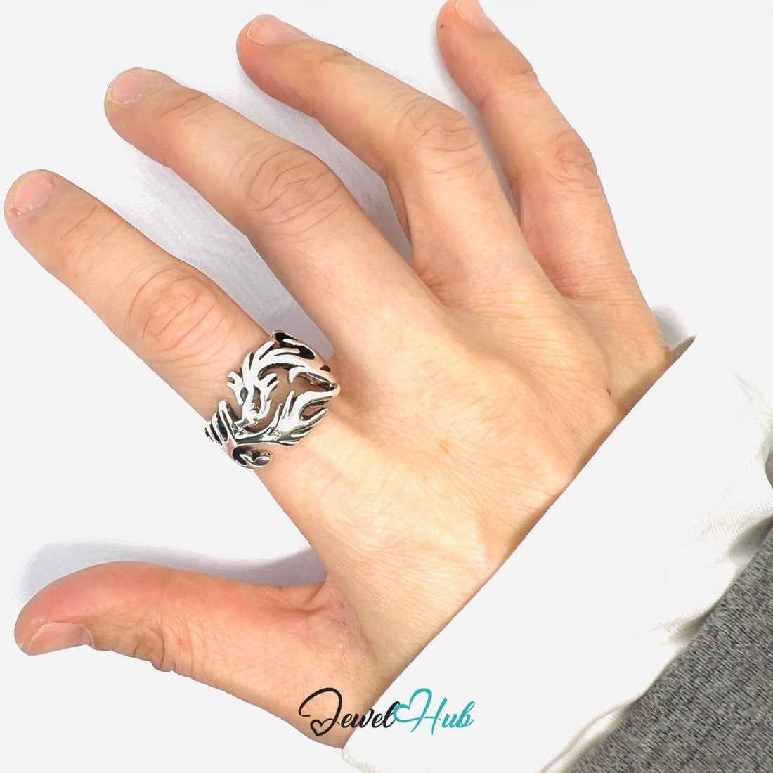 Zinc Alloy Silver‑Plated Punk Ring – Dragon Wings Layered Sculptural Cuff - JewelHub.co.uk