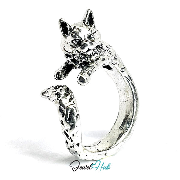 Zinc Alloy Silver‑Plated Punk Ring – Dual Panther Head Sculptural Cuff - JewelHub.co.uk