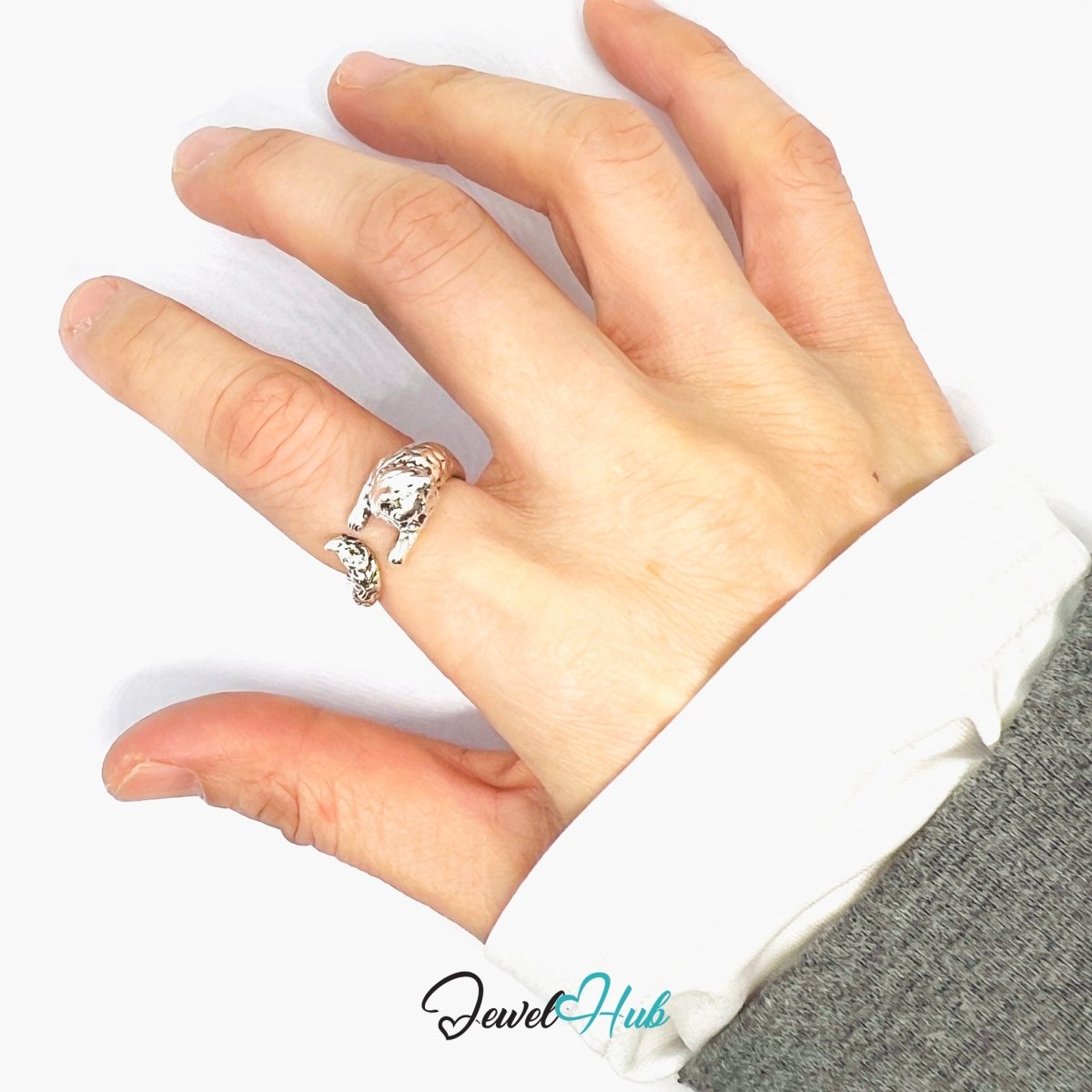 Zinc Alloy Silver‑Plated Punk Ring – Dual Panther Head Sculptural Cuff - JewelHub.co.uk