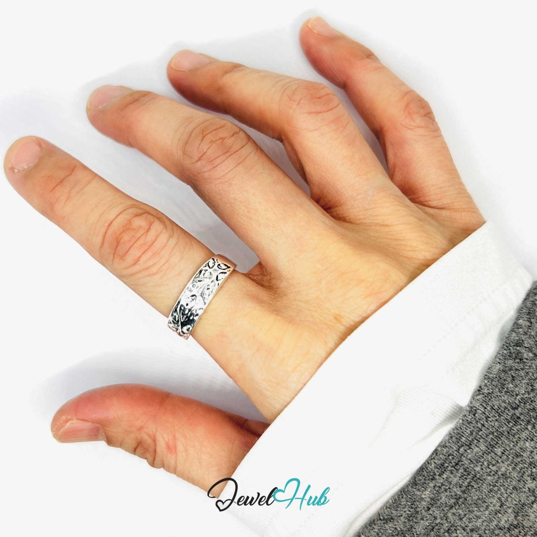 Zinc Alloy Silver‑Plated Punk Ring – Engraved Industrial Symbolic Design - JewelHub.co.uk