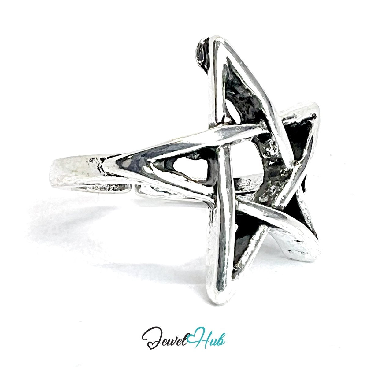 Zinc Alloy Silver‑Plated Punk Ring – Hollowed Star Statement Band - JewelHub.co.uk