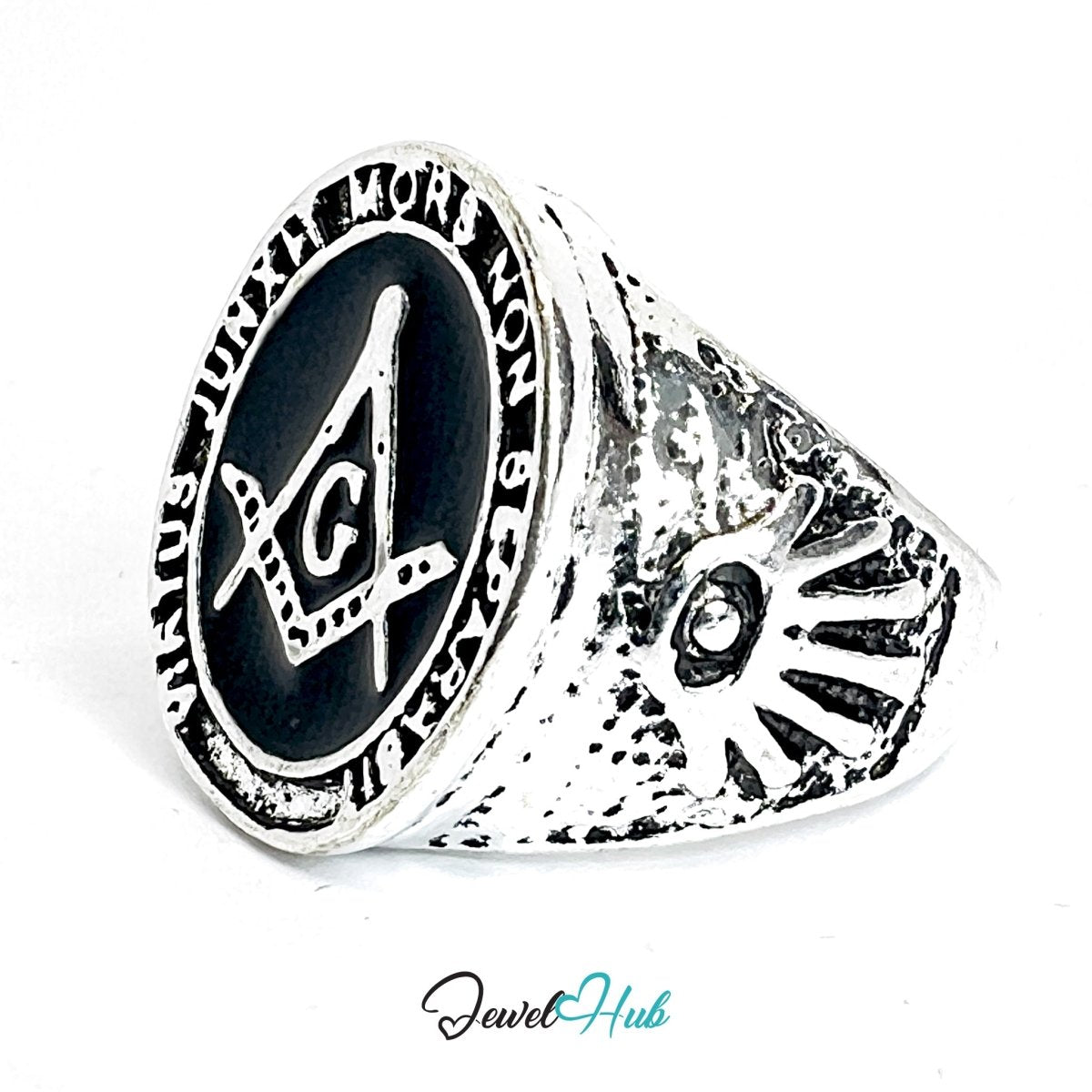 Zinc Alloy Silver‑Plated Punk Ring – Masonic Brotherhood Signet - JewelHub.co.uk