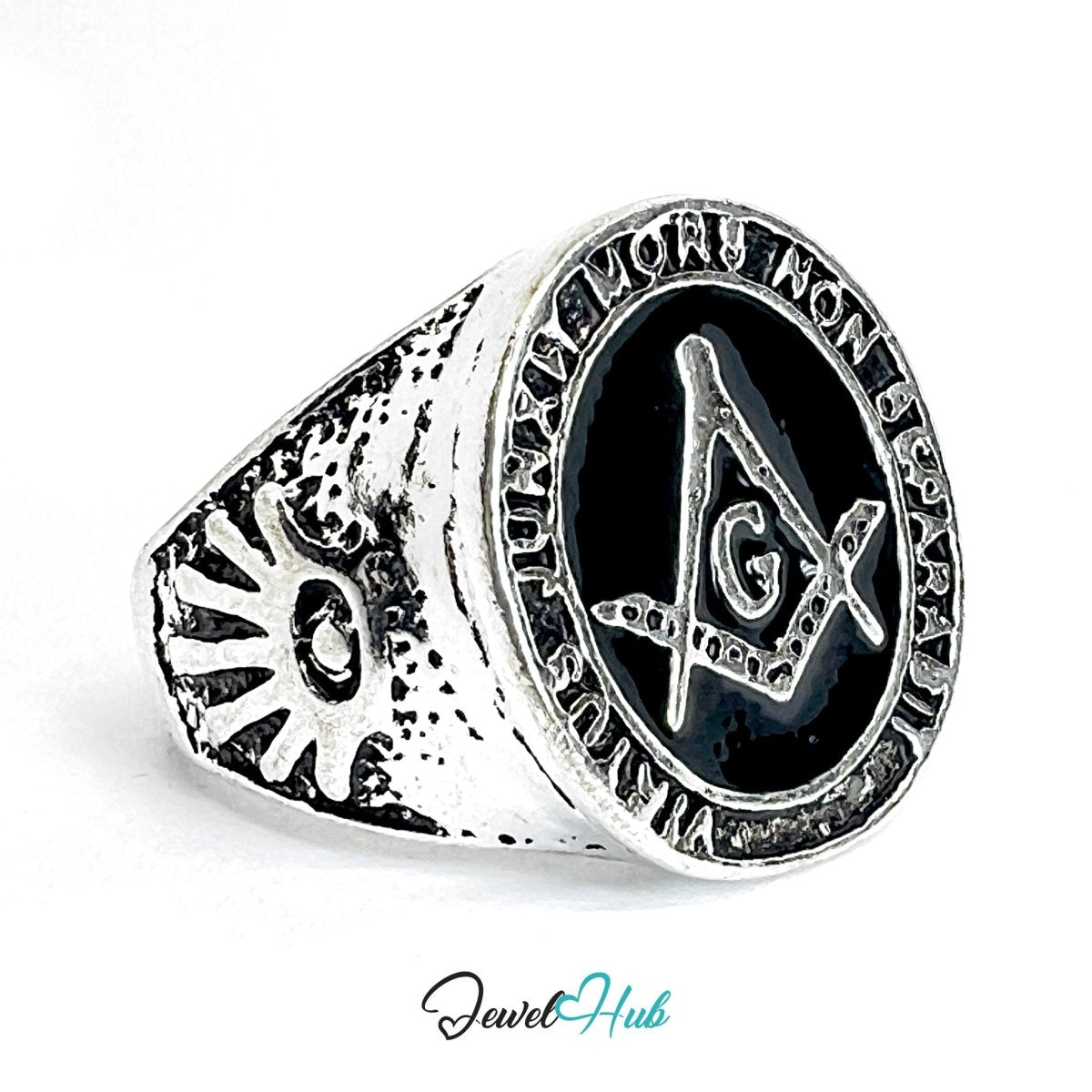 Zinc Alloy Silver‑Plated Punk Ring – Masonic Brotherhood Signet - JewelHub.co.uk
