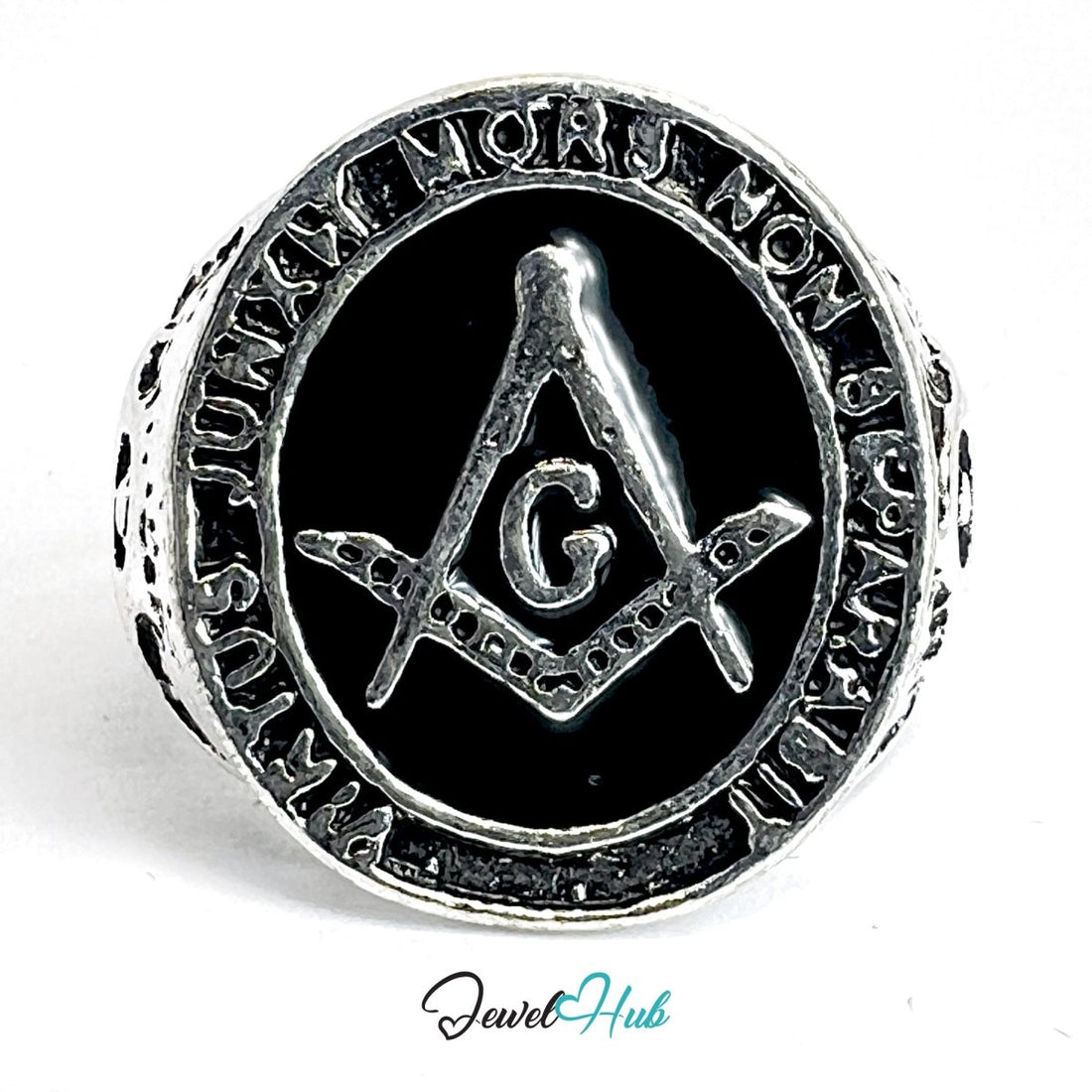 Zinc Alloy Silver‑Plated Punk Ring – Masonic Brotherhood Signet - JewelHub.co.uk