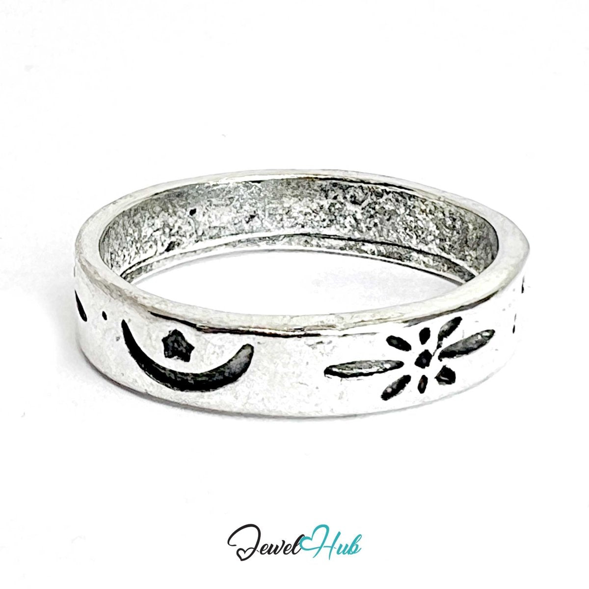 Zinc Alloy Silver‑Plated Punk Ring – Moon & Star Symbol Band - JewelHub.co.uk