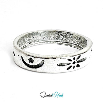 Zinc Alloy Silver‑Plated Punk Ring – Moon & Star Symbol Band - JewelHub.co.uk