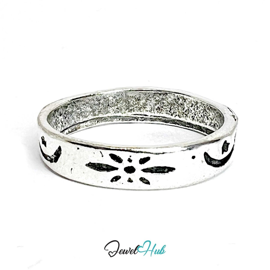 Zinc Alloy Silver‑Plated Punk Ring – Moon & Star Symbol Band - JewelHub.co.uk
