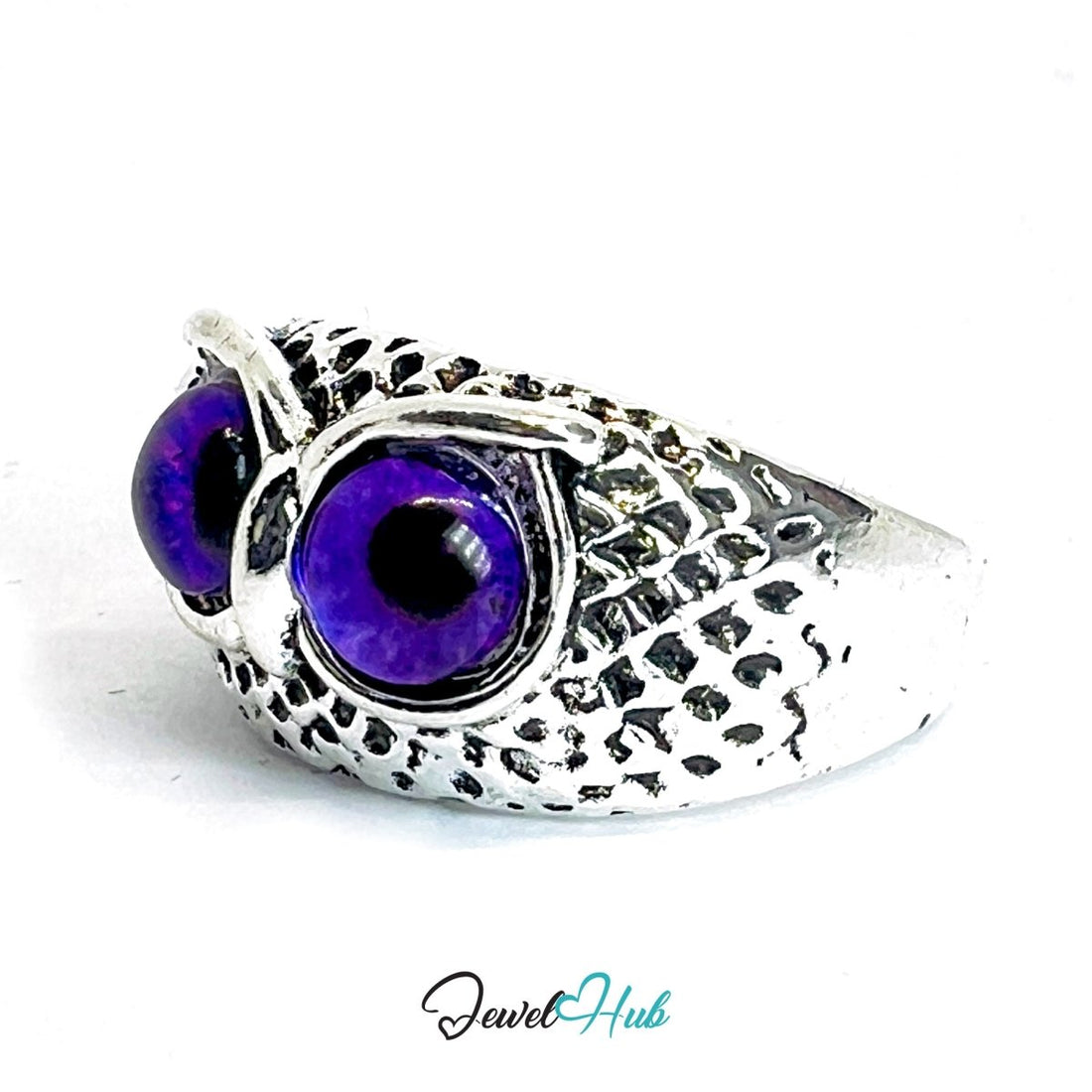 Zinc Alloy Silver‑Plated Punk Ring – Purple Mystique Cat Eyes Open Cuff - JewelHub.co.uk