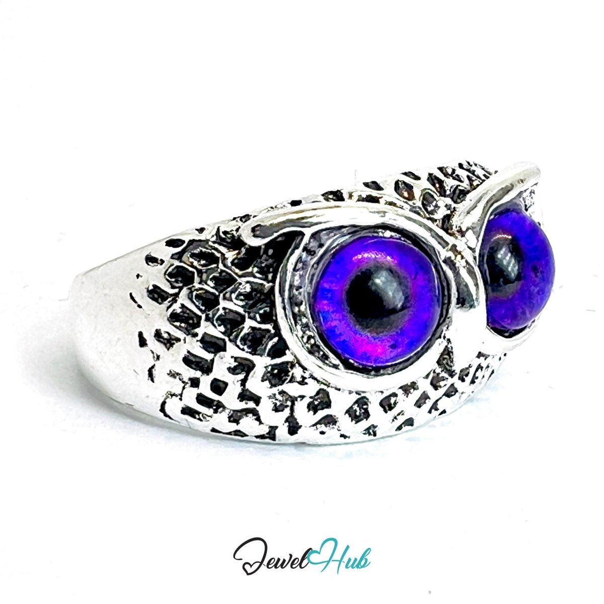 Zinc Alloy Silver‑Plated Punk Ring – Purple Mystique Cat Eyes Open Cuff - JewelHub.co.uk