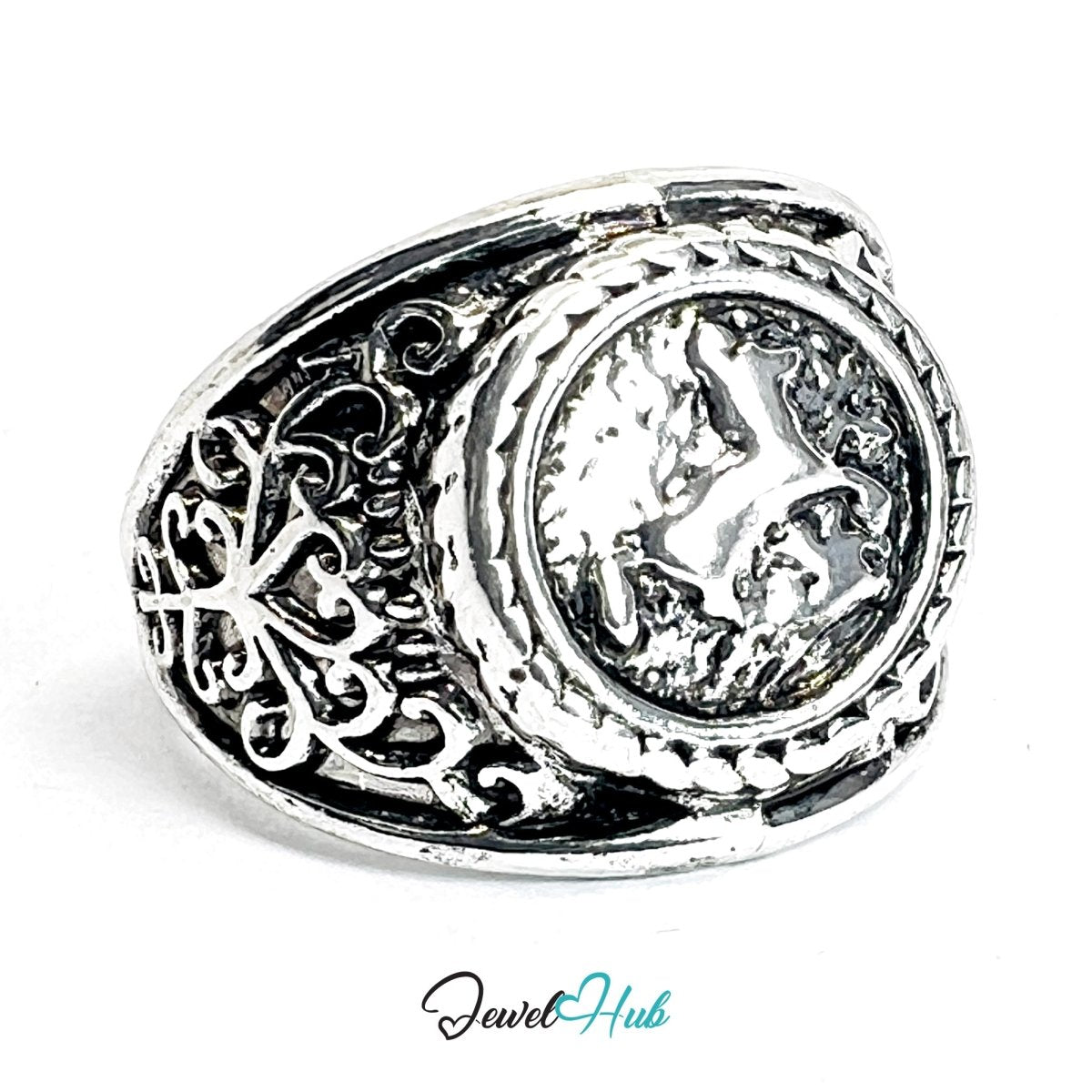 Zinc Alloy Silver‑Plated Punk Ring – Rearing Horse Heraldic Signet - JewelHub.co.uk
