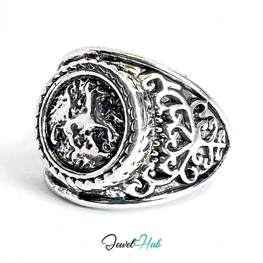 Zinc Alloy Silver‑Plated Punk Ring – Rearing Horse Heraldic Signet - JewelHub.co.uk