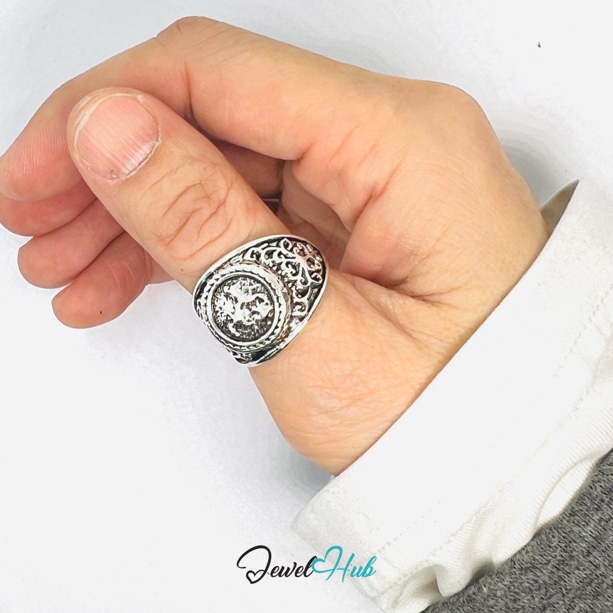 Zinc Alloy Silver‑Plated Punk Ring – Rearing Horse Heraldic Signet - JewelHub.co.uk