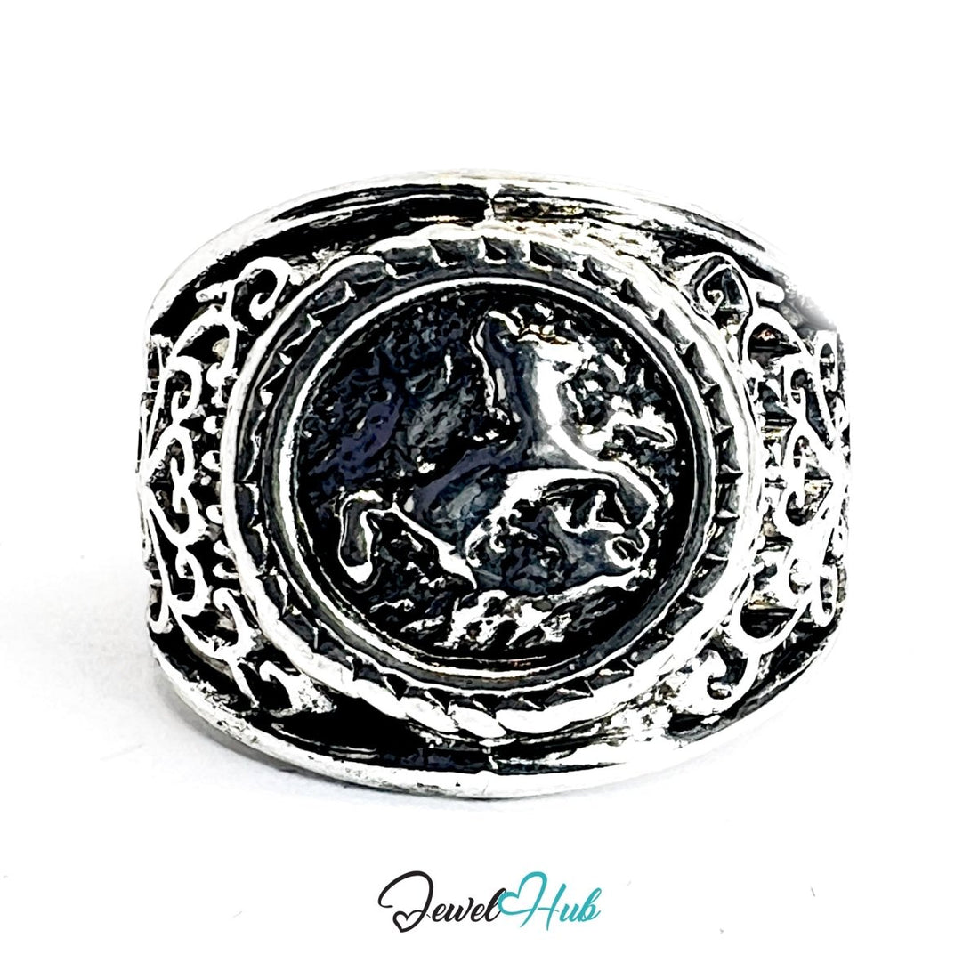 Zinc Alloy Silver‑Plated Punk Ring – Rearing Horse Heraldic Signet - JewelHub.co.uk