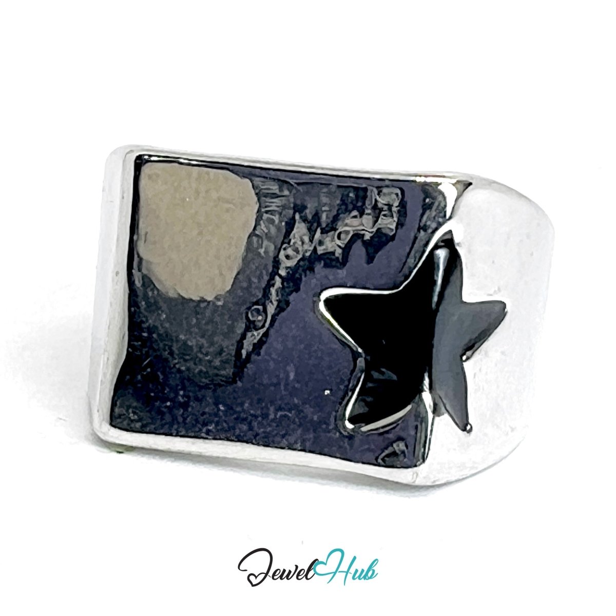 Zinc Alloy Silver‑Plated Punk Ring – Rectangle Black Star Signet - JewelHub.co.uk