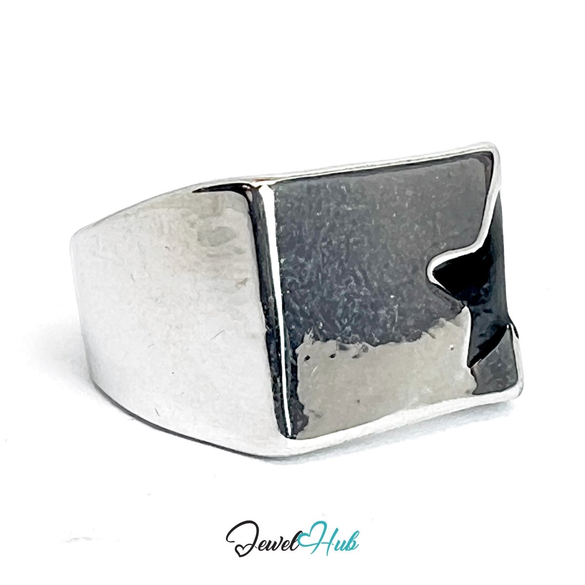 Zinc Alloy Silver‑Plated Punk Ring – Rectangle Black Star Signet - JewelHub.co.uk