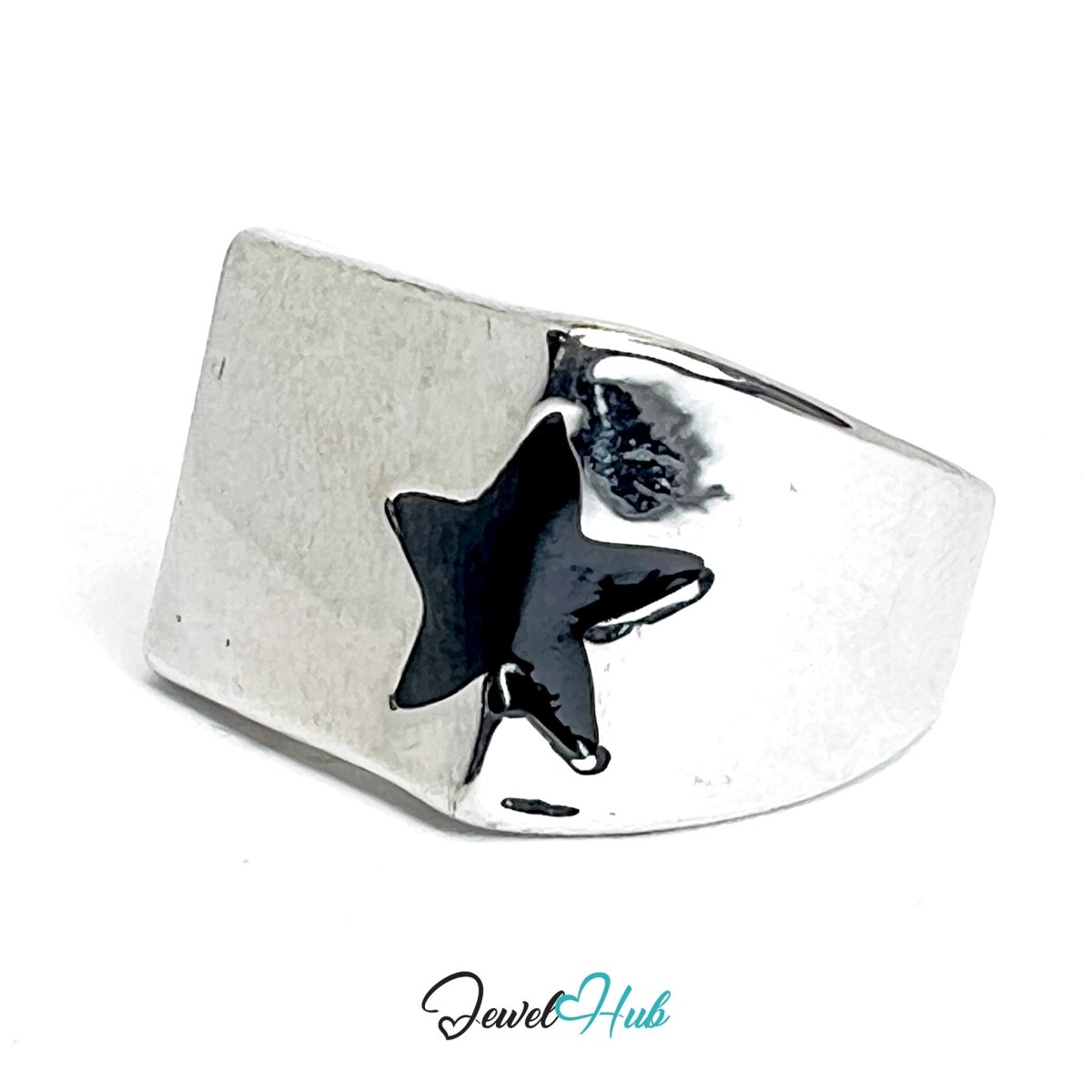 Zinc Alloy Silver‑Plated Punk Ring – Rectangle Black Star Signet - JewelHub.co.uk