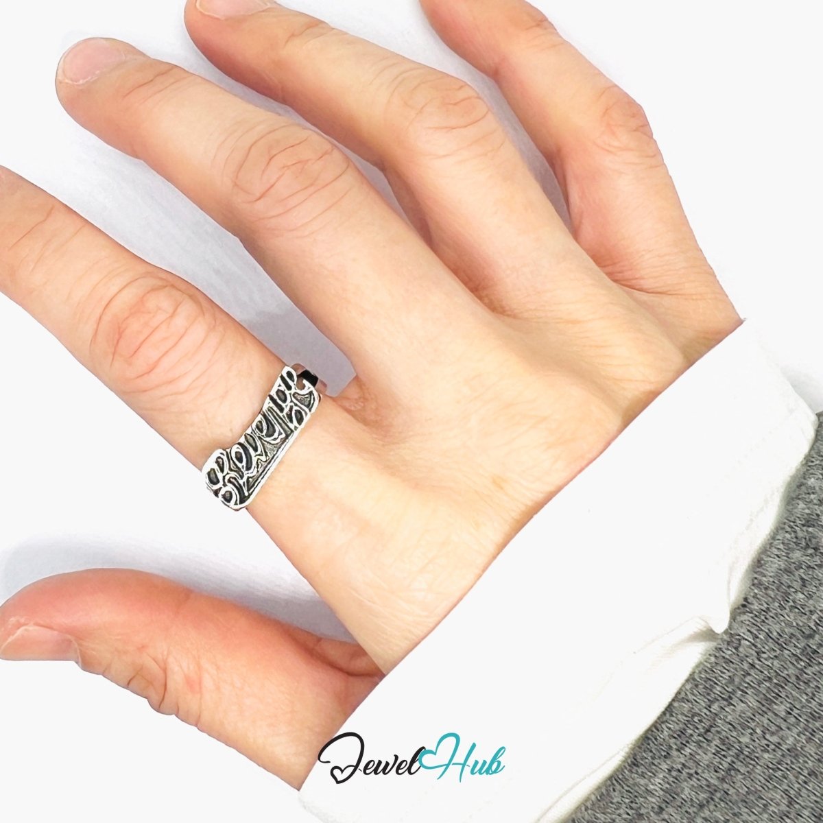 Zinc Alloy Silver‑Plated Punk Ring – "Revenge" Bold Script Signet - JewelHub.co.uk