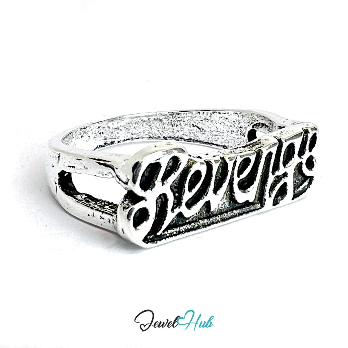 Zinc Alloy Silver‑Plated Punk Ring – "Revenge" Bold Script Signet - JewelHub.co.uk