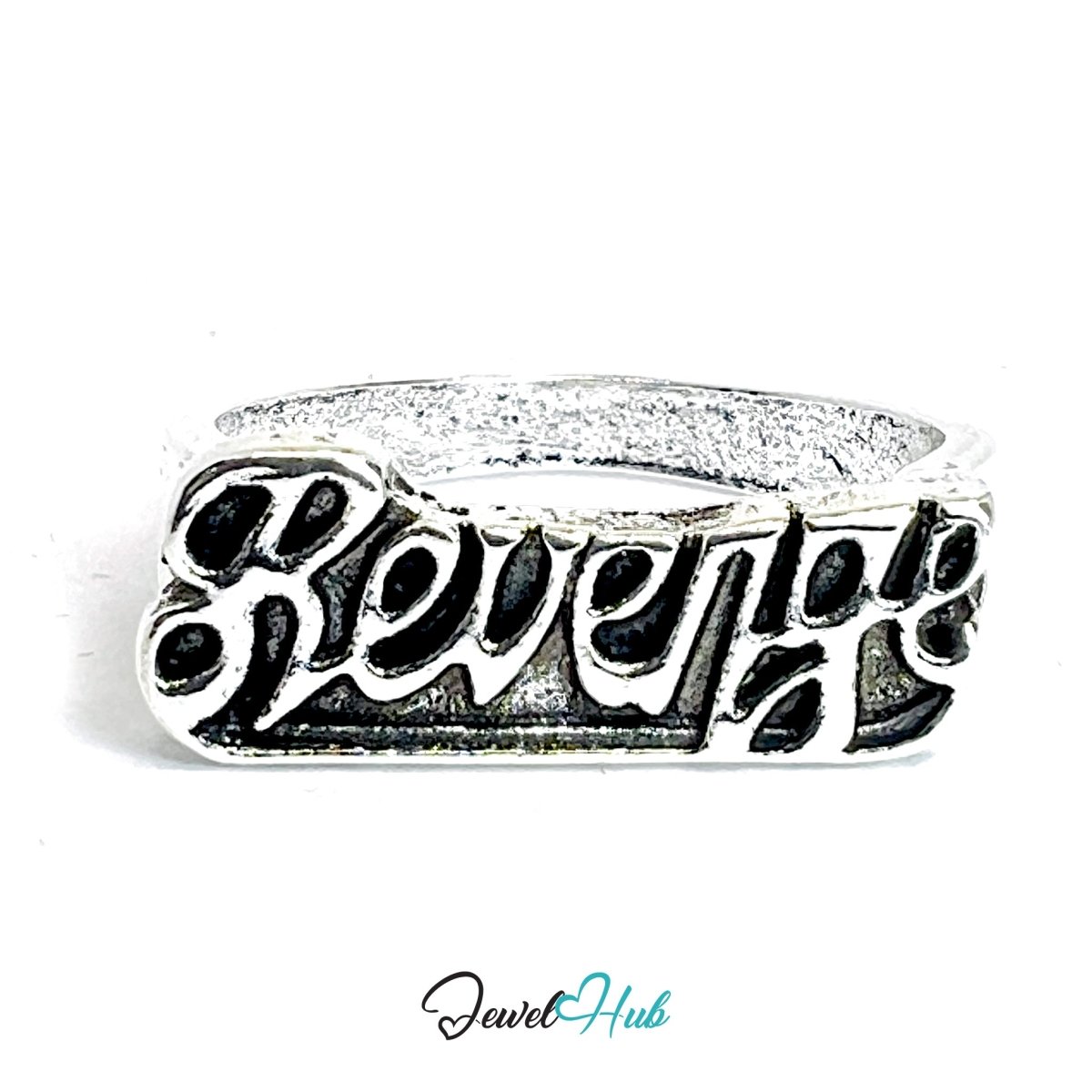 Zinc Alloy Silver‑Plated Punk Ring – "Revenge" Bold Script Signet - JewelHub.co.uk