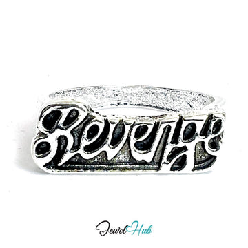 Zinc Alloy Silver‑Plated Punk Ring – "Revenge" Bold Script Signet - JewelHub.co.uk