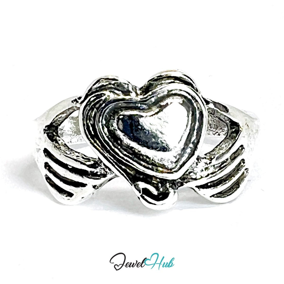 Zinc Alloy Silver‑Plated Punk Ring – Ribcage Heart Shield Statement Band - JewelHub.co.uk