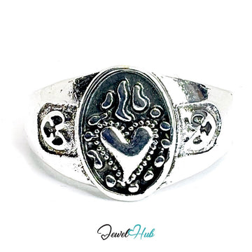 Zinc Alloy Silver‑Plated Punk Ring – Sacred Heart Ornamental Signet - JewelHub.co.uk