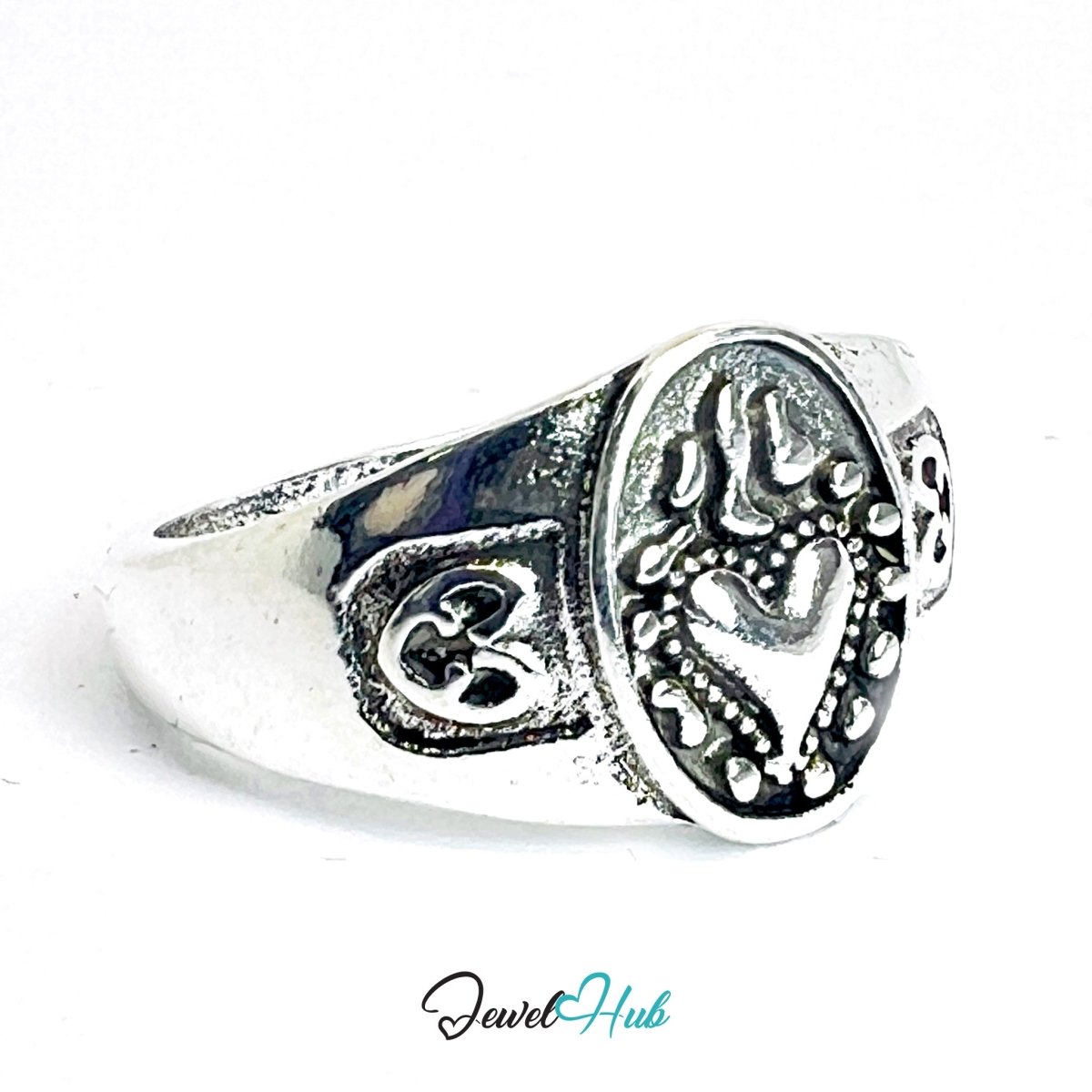 Zinc Alloy Silver‑Plated Punk Ring – Sacred Heart Ornamental Signet - JewelHub.co.uk