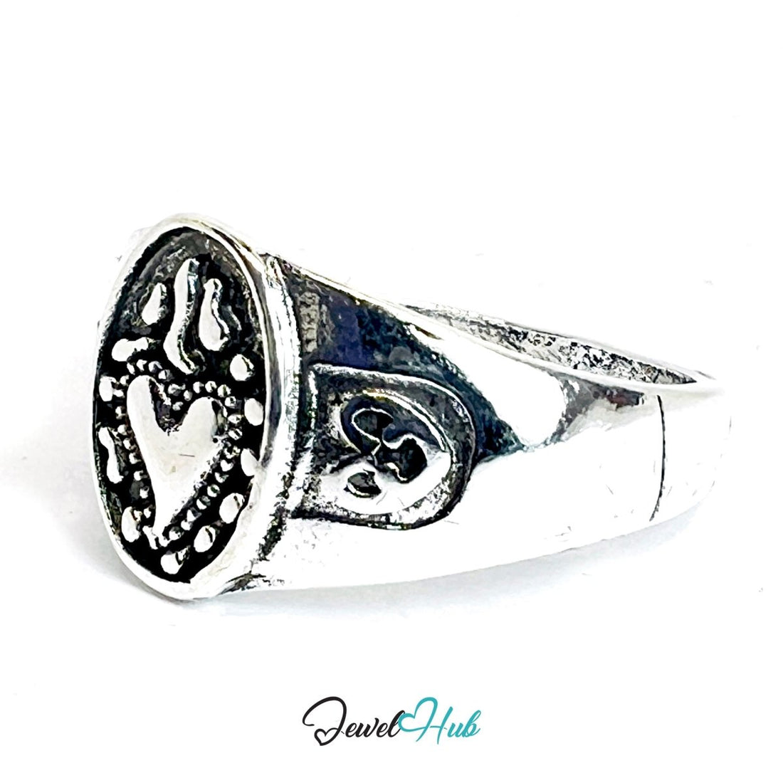 Zinc Alloy Silver‑Plated Punk Ring – Sacred Heart Ornamental Signet - JewelHub.co.uk