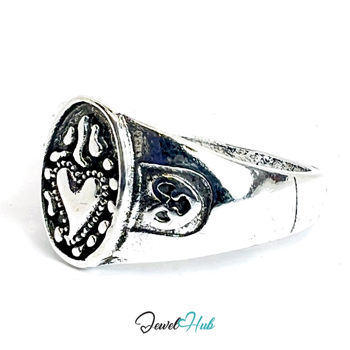 Zinc Alloy Silver‑Plated Punk Ring – Sacred Heart Ornamental Signet - JewelHub.co.uk