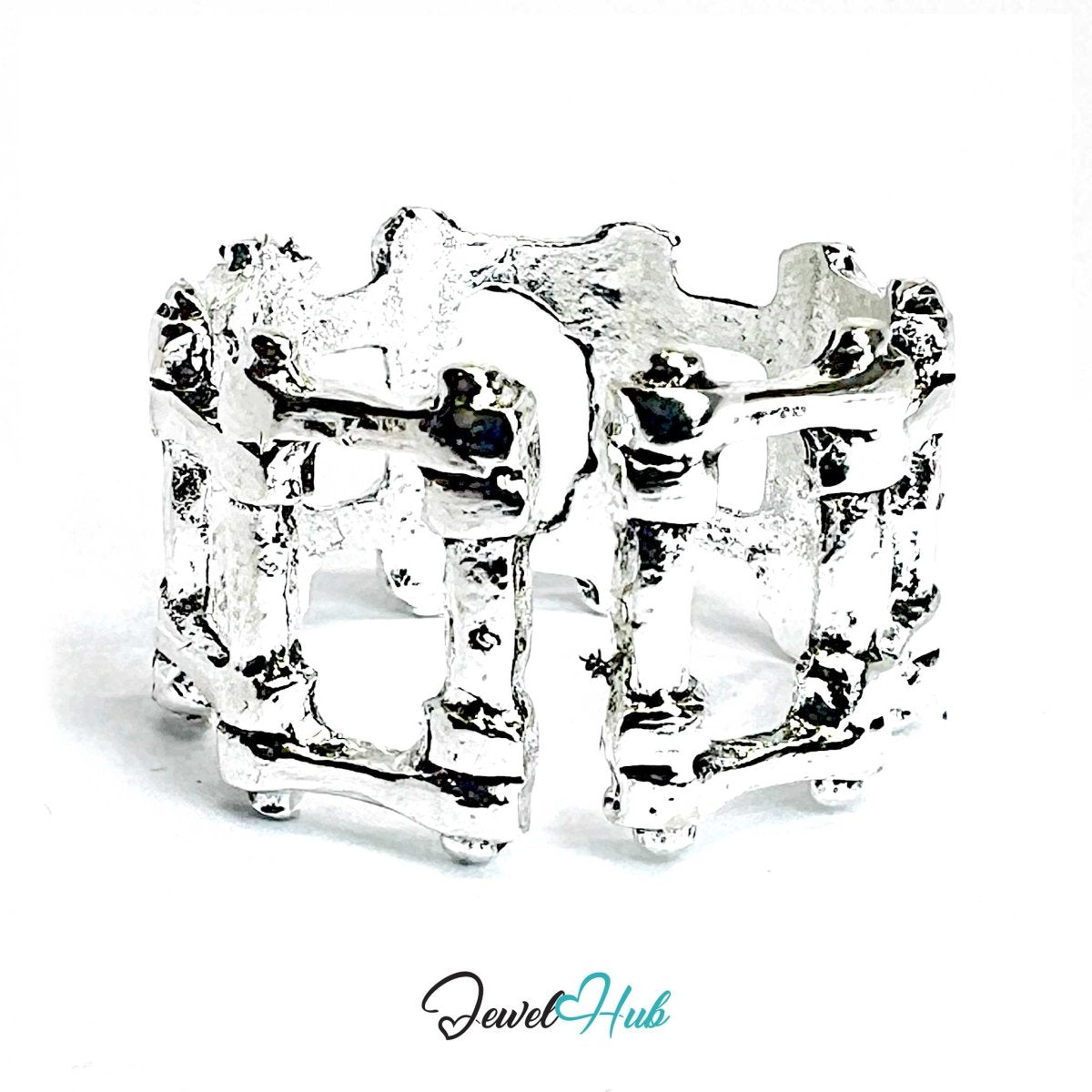 Zinc Alloy Silver‑Plated Punk Ring – Sculpted Skeletal Symbolic Design - JewelHub.co.uk