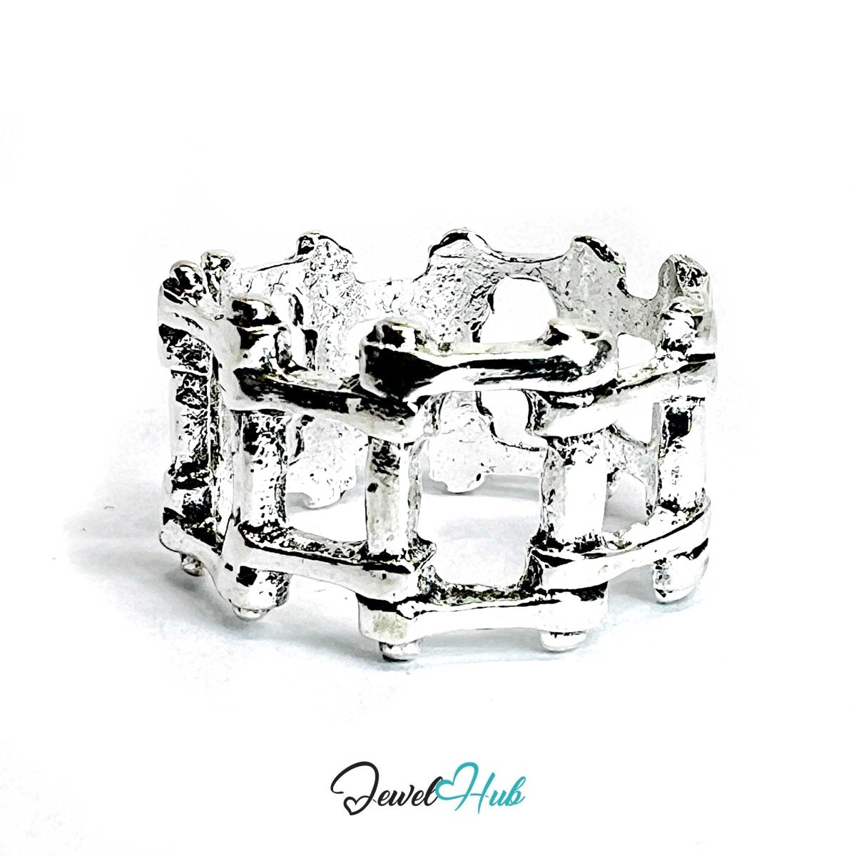 Zinc Alloy Silver‑Plated Punk Ring – Sculpted Skeletal Symbolic Design - JewelHub.co.uk