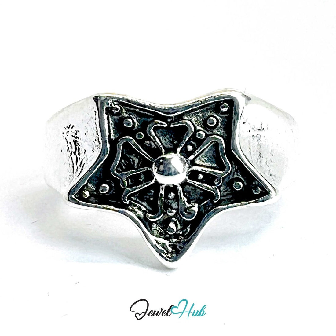 Zinc Alloy Silver‑Plated Punk Ring – Sculpted Symbolic Statement Design - JewelHub.co.uk