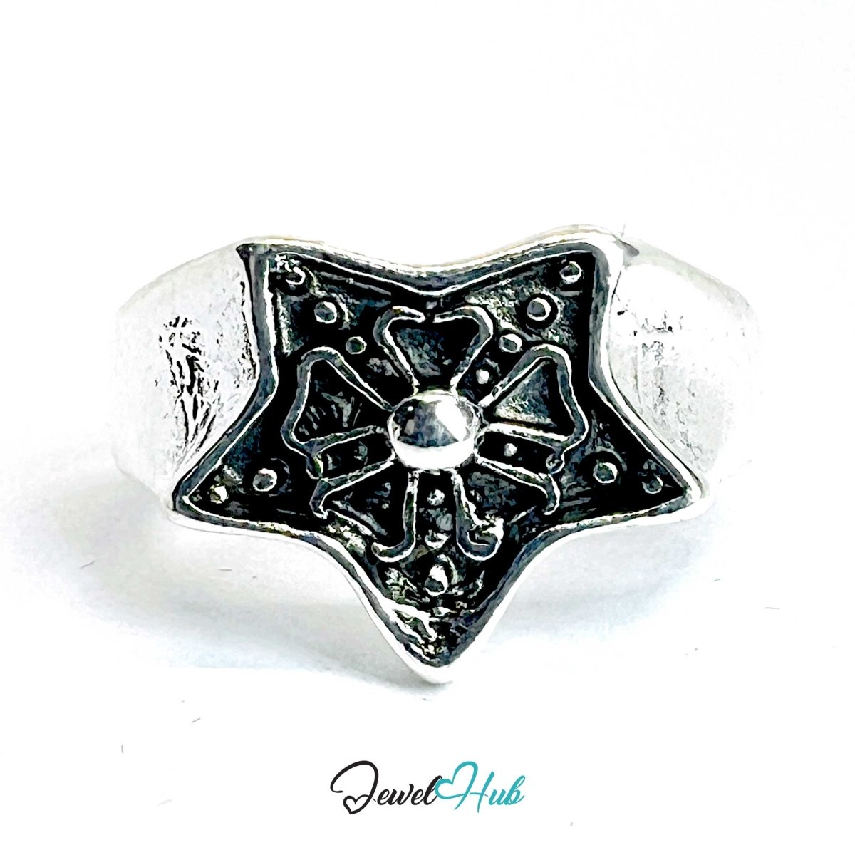 Zinc Alloy Silver‑Plated Punk Ring – Sculpted Symbolic Statement Design - JewelHub.co.uk