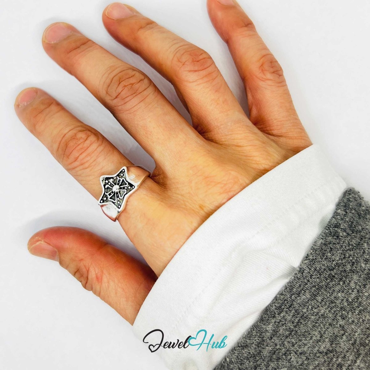 Zinc Alloy Silver‑Plated Punk Ring – Sculpted Symbolic Statement Design - JewelHub.co.uk