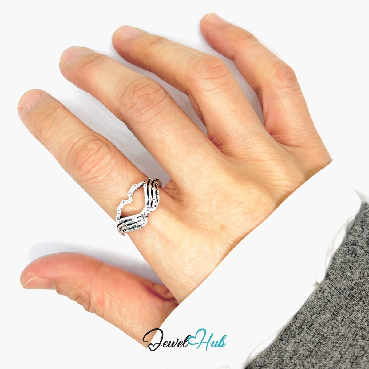 Zinc Alloy Silver‑Plated Punk Ring – Skeletal Ribs Heart Cuff - JewelHub.co.uk