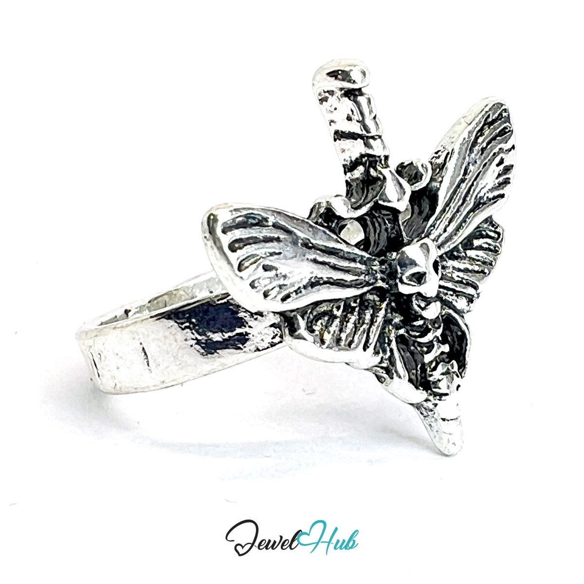Zinc Alloy Silver‑Plated Punk Ring – Skull & Butterfly Wing Statement Cuff - JewelHub.co.uk