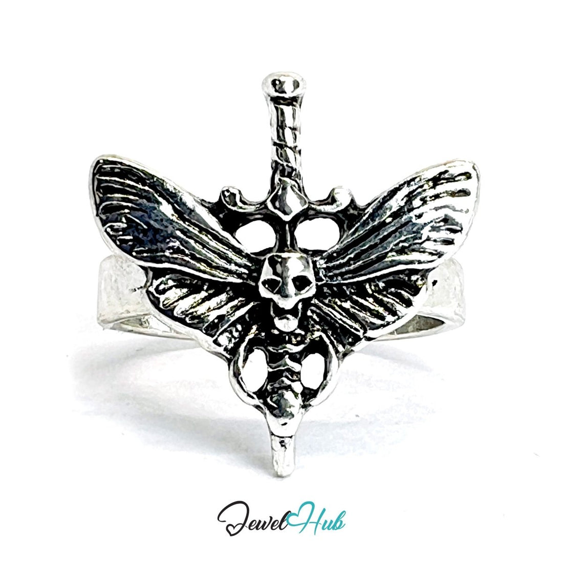 Zinc Alloy Silver‑Plated Punk Ring – Skull & Butterfly Wing Statement Cuff - JewelHub.co.uk