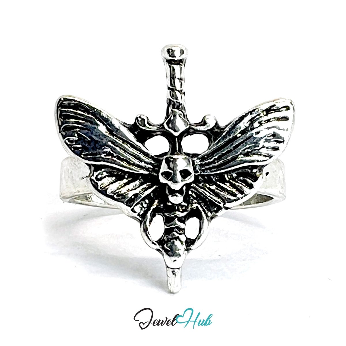 Zinc Alloy Silver‑Plated Punk Ring – Skull & Butterfly Wing Statement Cuff - JewelHub.co.uk