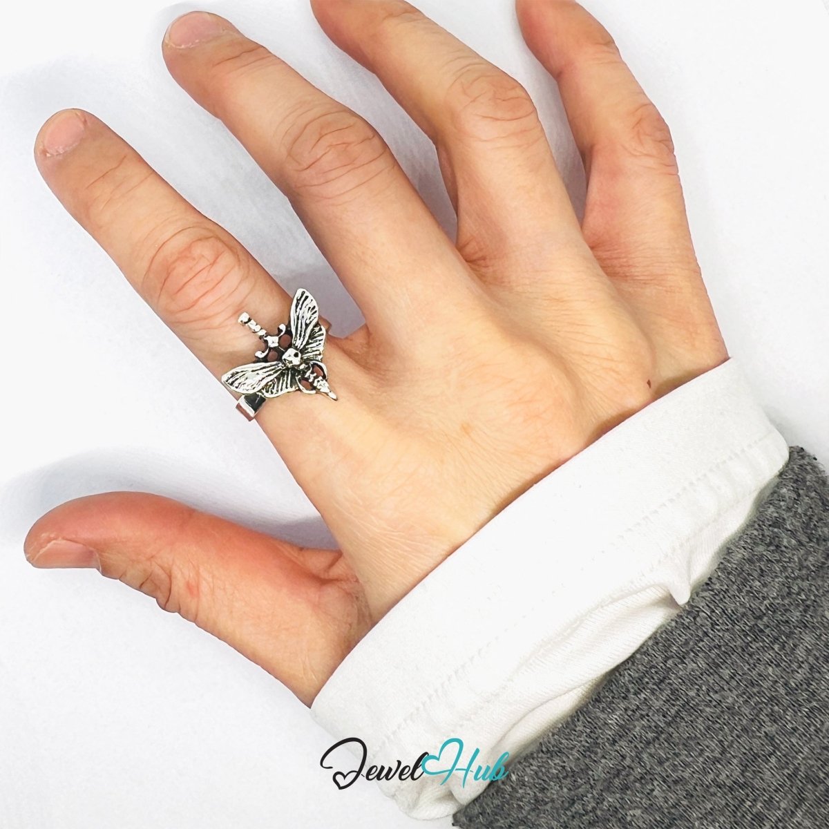 Zinc Alloy Silver‑Plated Punk Ring – Skull & Butterfly Wing Statement Cuff - JewelHub.co.uk