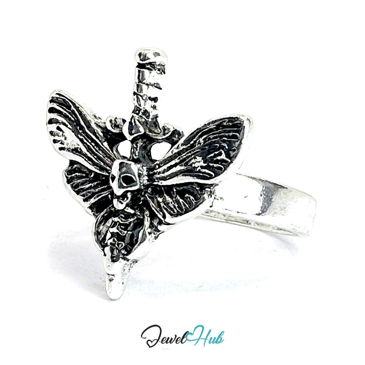 Zinc Alloy Silver‑Plated Punk Ring – Skull & Butterfly Wing Statement Cuff - JewelHub.co.uk