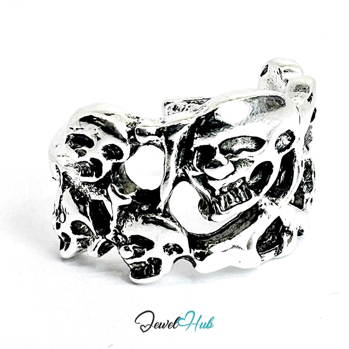 Zinc Alloy Silver‑Plated Punk Ring – Skull Pattern Sculptural Symbolism - JewelHub.co.uk